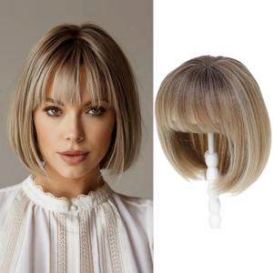 UDU Short Bob Hair Topper with Bangs  Ombre Brown Synthetic Clip in Top Hairpiece  Natural Volume Wiglet for Women with Thin or Fine Hair (Dark Blonde with Dark Roots)