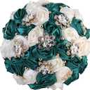 Handmade Bridal Wedding Bouquet Satin Rose Artificial Flower Bouquet for Bride Bridesmaid Holding Toss Round Wedding Bouquets Sparkling Rhinestone Brooch Crystals Pearl Dark Green & Ivory