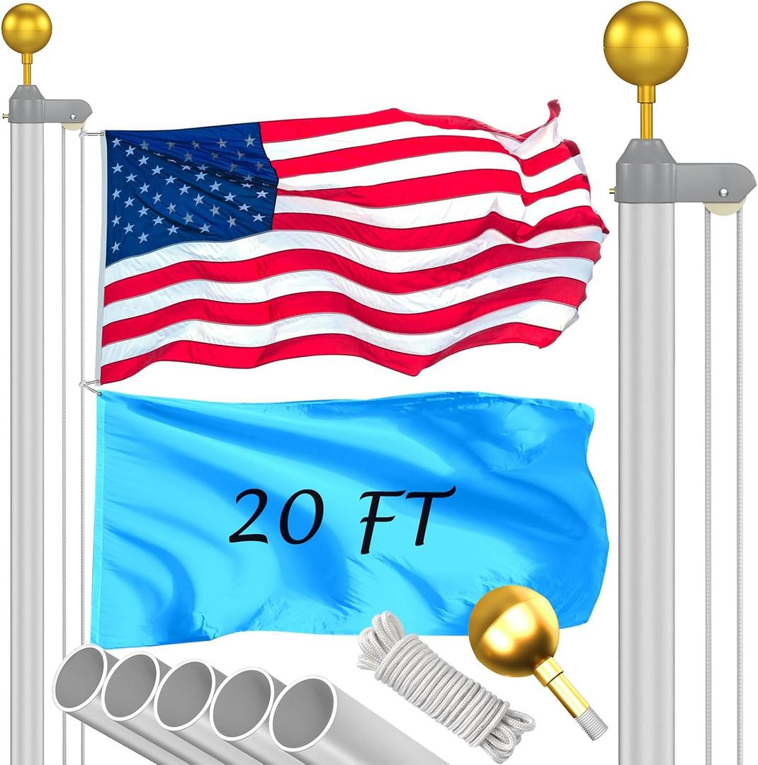Flag Pole Kit 20FT, 12 Gauge 1.8mm Thickness Heavy Duty Flag Poles with 3x5 American Flag, Silver Flag Pole for Outdoor House In Ground, Extra Thick Flagpoles Suitable for Yard and Garden