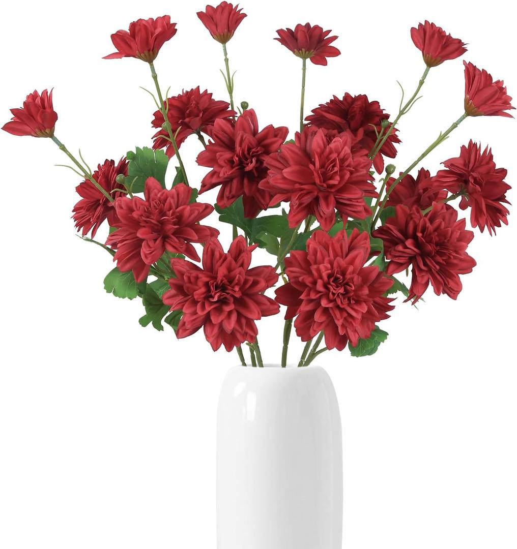 INSUNSIX 6PCS Red Artificial Dahlia Flowers 27.5’’Silk Faux Dahlias Fake Flowers with Stems for Home Wedding Dining Table Party Garden Decoration(Red)