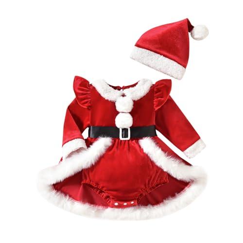 Baby Girl Christmas Outfits Santa Claus Romper Dress Velvet Long Sleeve Fur Trim Princess Dresses with Hat (Red, 3-6 Months)