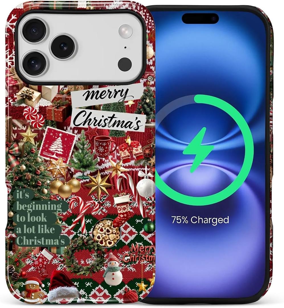 for iPhone 17 Pro Max Case for Women Girl Men Boy, Compatible with MagSafe, Shockproof Soft Silicone & Hard PC Shell Protective Case for 17 Pro Max - Winter Retro Christmas Collage Aesthetic