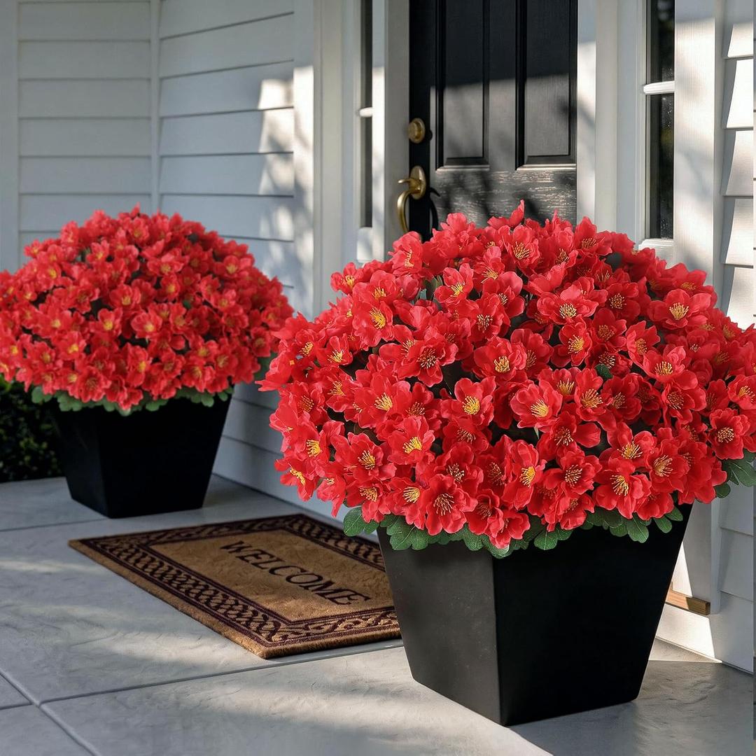 Juxdp 16 Bundles Artificial Camellia for Front Door Outside - Faux UV Resistant Real Looking Camellia Flowers Fake Silk Bouquets Plants for Garden Window Farmhouse Home Spring Summer Decor (Red)
