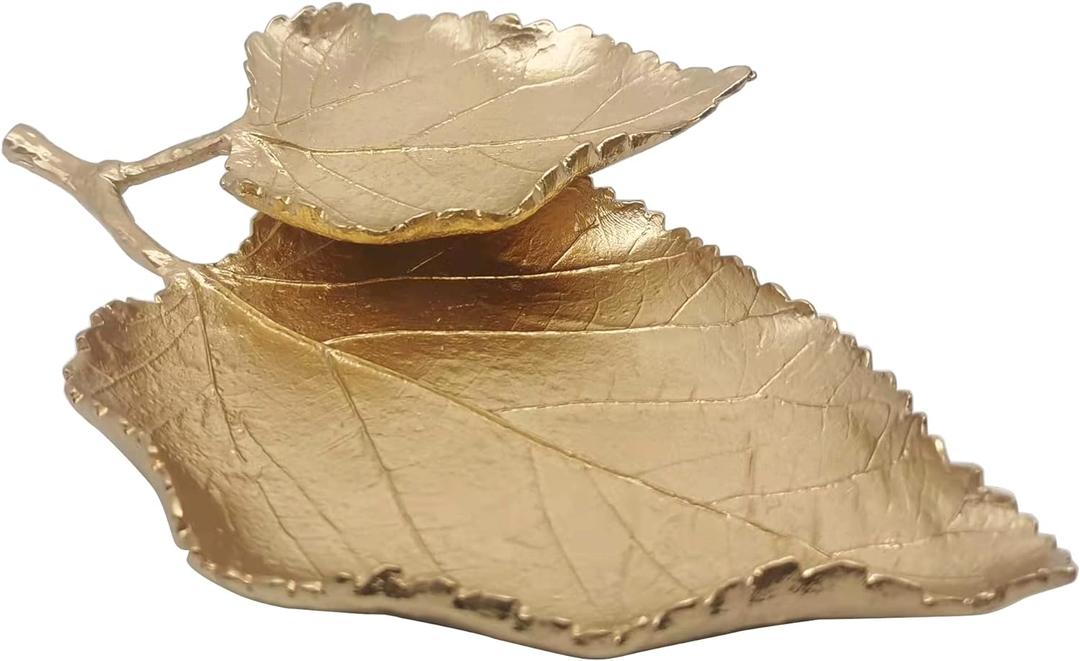 Jewelry Dish, Metal Trinket Dish Leaf Shaped Ring Holder Jewelry Organizer Vanity Dish Tray for Dresser Christmas Birthday Wedding Gifts Double Mulberry Leaves