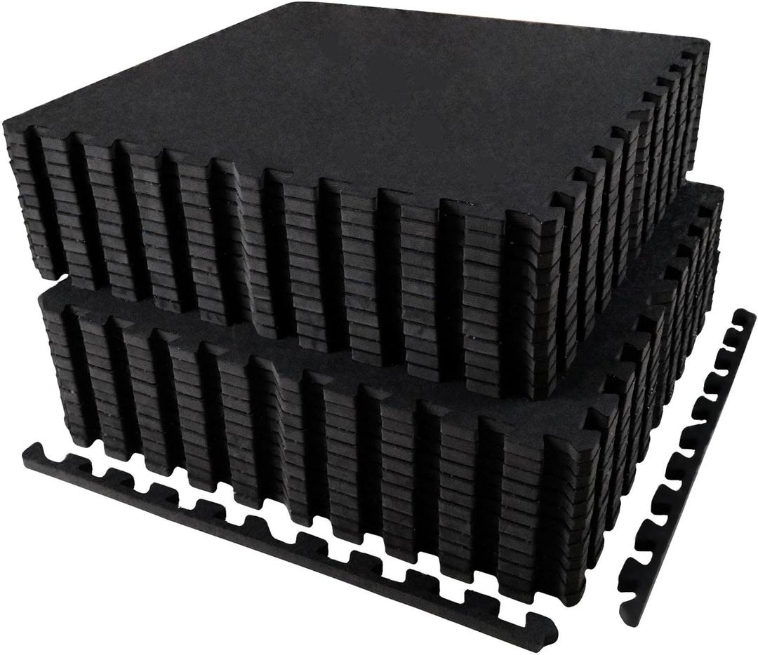 AIRHOP 0.56in Thick 96 Sq Ft Exercise Equipment Mats, 24 Tiles Upgraded Rubber Top with High Density EVA Foam, Large Interlocking Puzzle Gym Flooring for Home Gym, Heavy Weight Workout,Black (Black/No Dots)