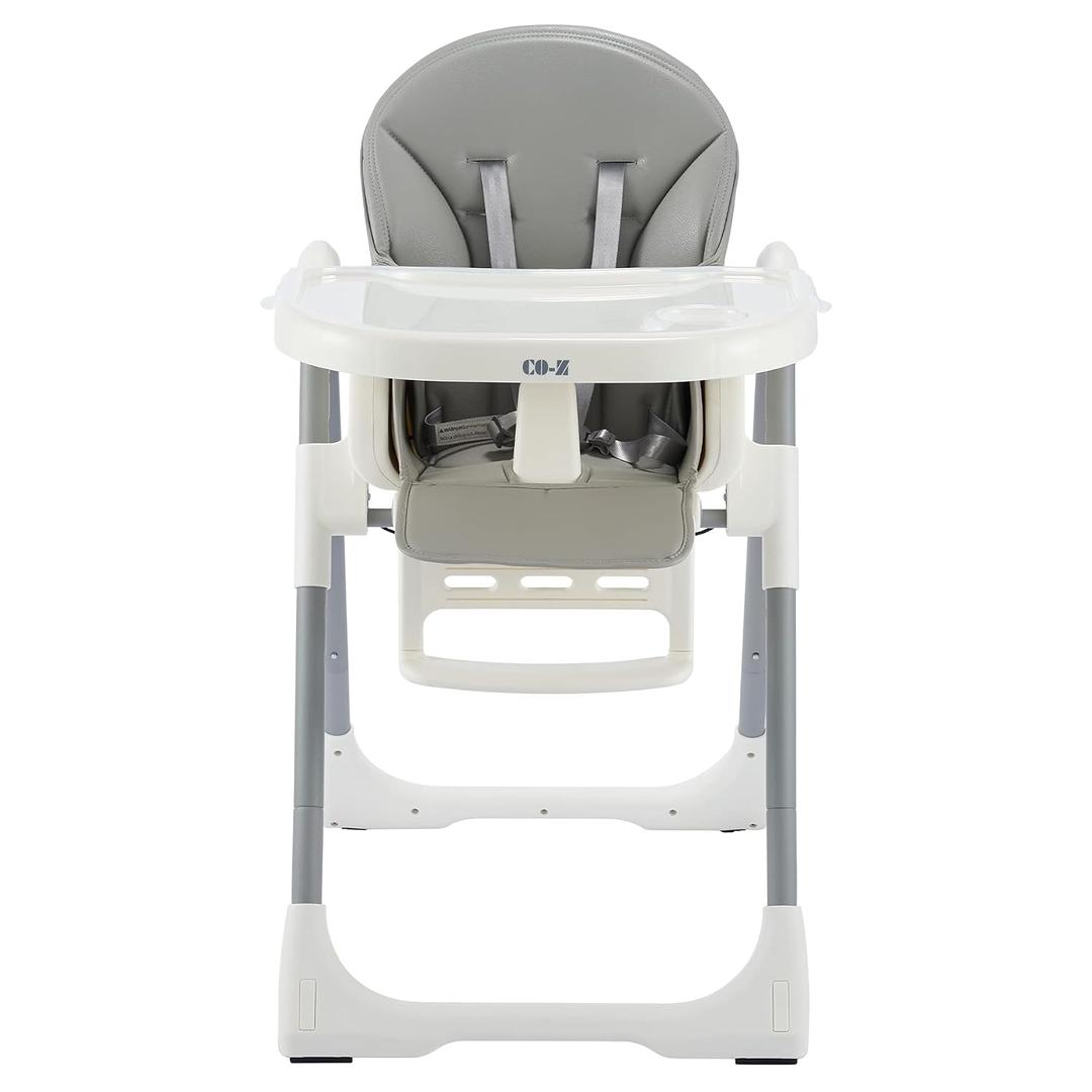 CO-Z Foldable High Chair for Babies and Toddlers, Portable Adjustable Baby Chair with Detachable Leather Cushion, Built-in Rear Wheels | Grey Faux Leather Cushion, 5 Recline Levels, 7 Seat Heights, 3 Footrests, 5-Point Harness, Rear Wheels, for Babies & Toddlers