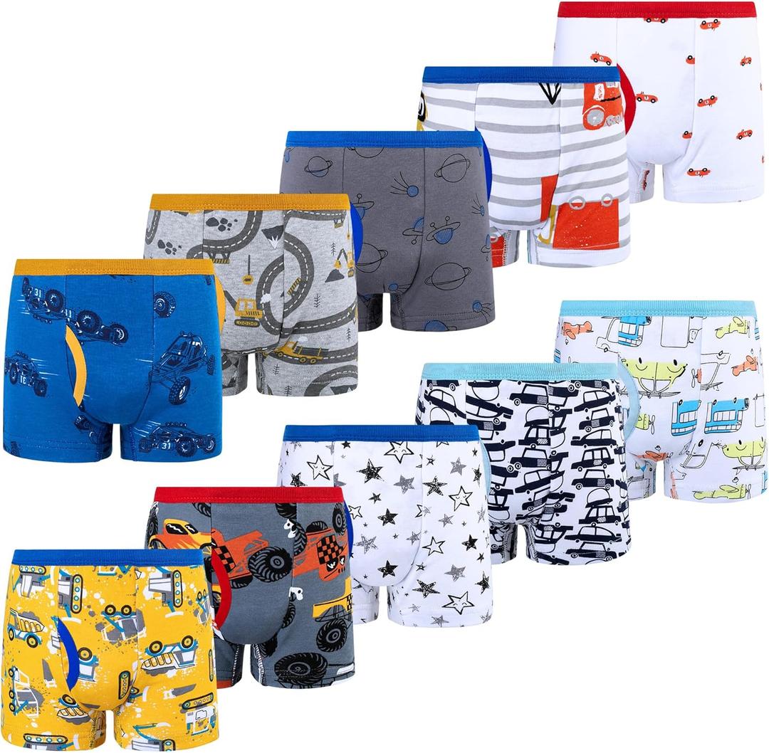 BIG ELEPHANT Boys' Boxer Briefs 10-Pack, Toddler 100% Cotton Dinosaur Print Underwear, Soft and Breathable, Sizes 8Y