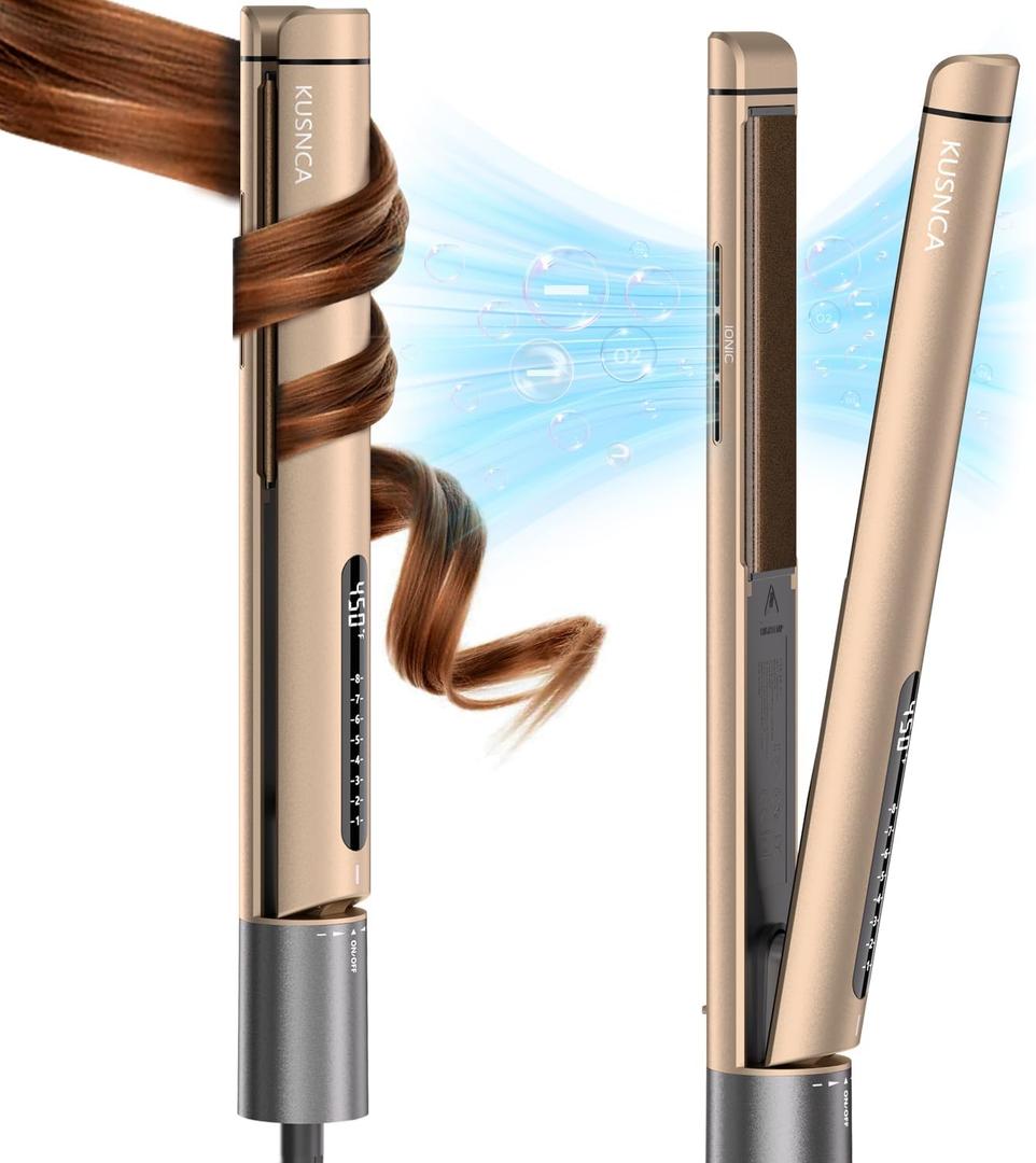 KUSNCA Professional Titanium Flat Iron, Hair Straightener and Curler Iron 2 in 1, Negative Ion Straightening, Dual Voltage Travel Pack, Front Anti-Scald Function, LCD 230°F-450°F, 1 Inch (Gold)