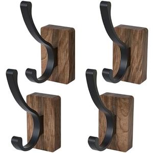 IURRDOP 4 PCS Black Walnut Wood Wall Hooks Adhesive Mounted & Wall Mounted Rustic Decorative Entryway Hooks Mid Century Modern Natural Wooden Pegs for Hanging Coat Clothes Hat Bag Purse and Towel