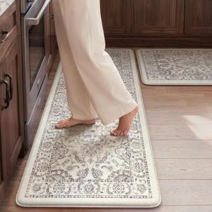 KIMODE Kitchen Mats for Floor Cushioned Anti Fatigue 2-Piece Comfort Mat | 17"x47"+17"x29",Purple Grey,Vintage Floral,Non Slip Rubber Backing,Waterproof,Wipe Clean,Standing Mat for Office Laundry Sink
