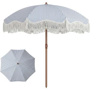 7ft Patio Umbrella with Fringe, Boho Beach Umbrellas, Outdoor Tassels Umbrellas with Push Button Tilt & Carrying Bag, 8 Windproof Fiberglass Ribs, UPF50+