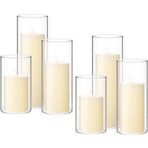 Shihanee Set of 6 Pillar Candles with Glass Cylinder Vases Clear Cylinder Hurricane Candleholders for Slim Tall Pillar Candles Wedding Table Centerpieces(2.6'' X 4.7'', 5.9'', 7.9'',Ivory)