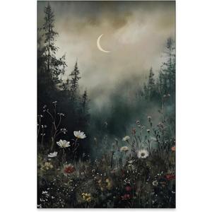 rumlud Dark Flower Field Poster Vintage Moody Academia Wall Art Nature Black Botanical Wildflower Oil Painting for Farmhouse Cottagecore Wall Decor 16X24 inch Unframed (24L" x 16W")