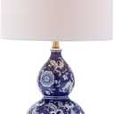JONATHAN Y 27" Blue/White Ceramic Chinoiserie Table Lamp, Traditional Floral Double Gourd Vase Lamp with White Linen Drum Shade, Brass Gold Base, LED Bulb Included JYL3003A