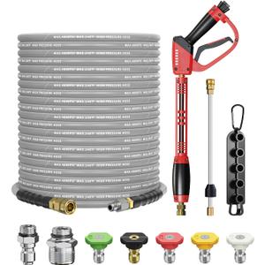 Pressure Washer Gun and Hose Kit, 4800PSI Steel-Braided & Durable - Flexible & Kink-Resistant Power Washer Hose 100 FT with 3/8" Swivel Quick Connector and M22 14mm Adapters Replacement (Gray)