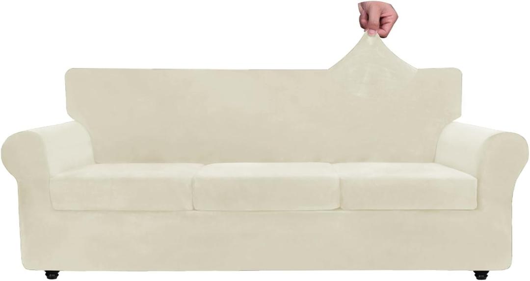 ZNSAYOTX Oversized Velvet Couch Cover 4 Piece (92"115") Stretch Sofa Covers for 3 Cushion Couch Thick Soft XLSlipcover with Non Slip Strap, Dog Pet Friendly Nice Furniture Protector (Beige)