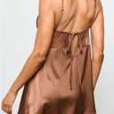 MakeMeChic Women's Satin Silk Nightgown Lace Trim Tie Back Babydoll Slip Dress Sleepwear (Brown, L)