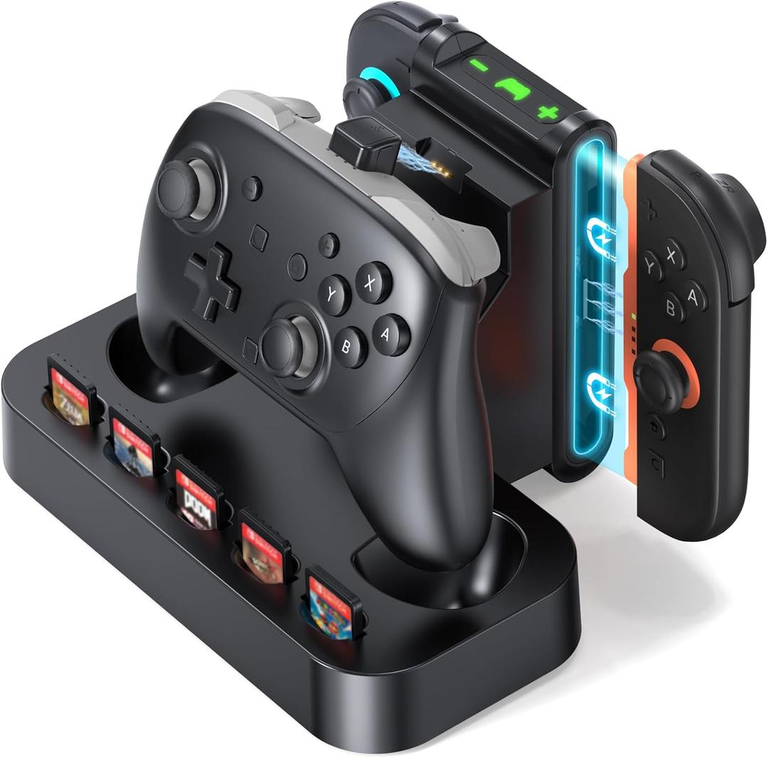 2 in 1 Charging Dock for Nintendo Switch 2 Pro Controller & Joycon, Fast Charging Station with Magnetic Snap, 5 Game Card Storage, Type-C Port, Non-Slip Base, LED Indicators, Durable Organizer Stand