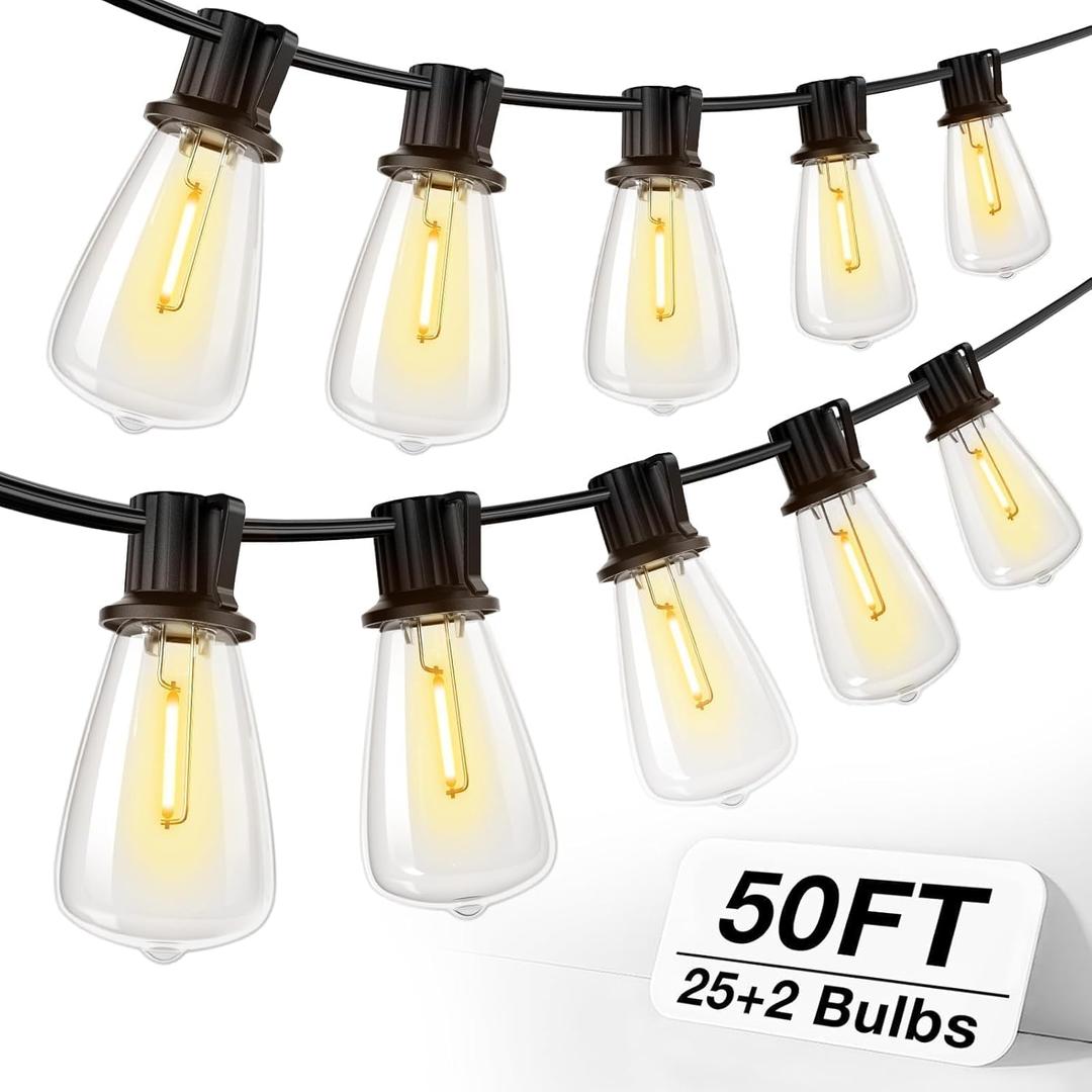 addlon 50FT LED Outdoor String Lights Waterproof Patio Lights with 27 Shatterproof ST38 Replaceable Bulbs(2 Spare), Dimmable Outside Hanging Light Connectable for Porch, Backyard, 2200K Warm Yellow