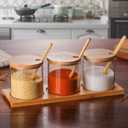 3 x Lawei Set of 3 Condiment Jar with Lids and Spoons - Glass Sugar Bowls Sugar Salt Container Set for Sugar Serving Spice Salt