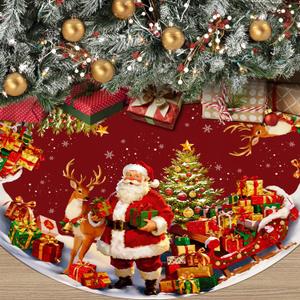 Christmas Tree Skirt 48 Inches Red Xmas Tree Mat Decor Retro Xmas Tree Skirt for New Year Holiday Ornaments Indoor Outdoor Decorations