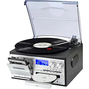 9 in 1 Record Player with External Speakers,3 Speed Bluetooth Turntable Vinyl Player with CD/Cassette Play,AM/FM Radio, USB SD/MMC Play, Aux-in/RCA Line Out