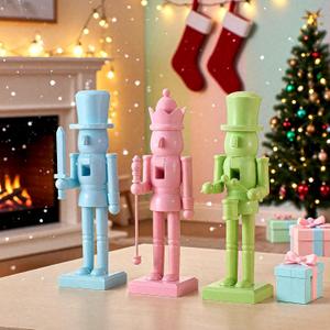 3 Pcs 10 Inch Christmas Wooden Nutcracker Figure Pastel Nutcracker Figure Statue Modern Soldier Xmas Ornament Mantle Decor Christmas Decorations for Home Table Tabletop