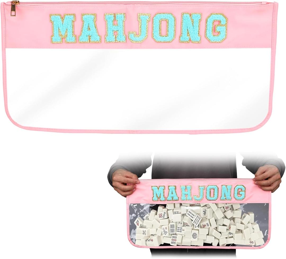 American Mahjong Tile Bags with Zipper Pink, Transparent Mahjong Bags for Tiles and Racks, Empty Waterproof Mahjong Storage Case, Portable PVC Travel Size Pouch for Game Accessories Bag Only