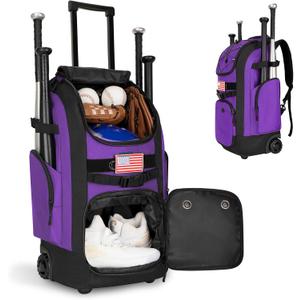 Rolling Baseball Bag with Wheels, 60L Capacity Wheeled Softball bag with Shoe Compartment for Youth & Adult, Bat bag with Hidden Straps,Fence Hook,Holds 4 Bat, Helmet, Glove (Purple)
