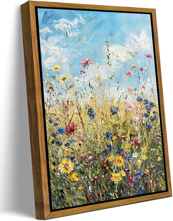 Floating Framed Colorful Florals Canvas Wall Art 16x24 in Wildflowers Painting Picture Wall Decor, Cottagecore Poster Print Artwork for Bedroom Living Room Farmhouse Home Decoration