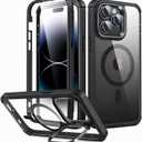 ESR for iPhone 14 Pro Case with Stand, Compatible with MagSafe, Full-Body Military-Grade Drop Proof Case with Built-in 9H+ Tempered Glass Screen Protector, Armor Series, Clear Black