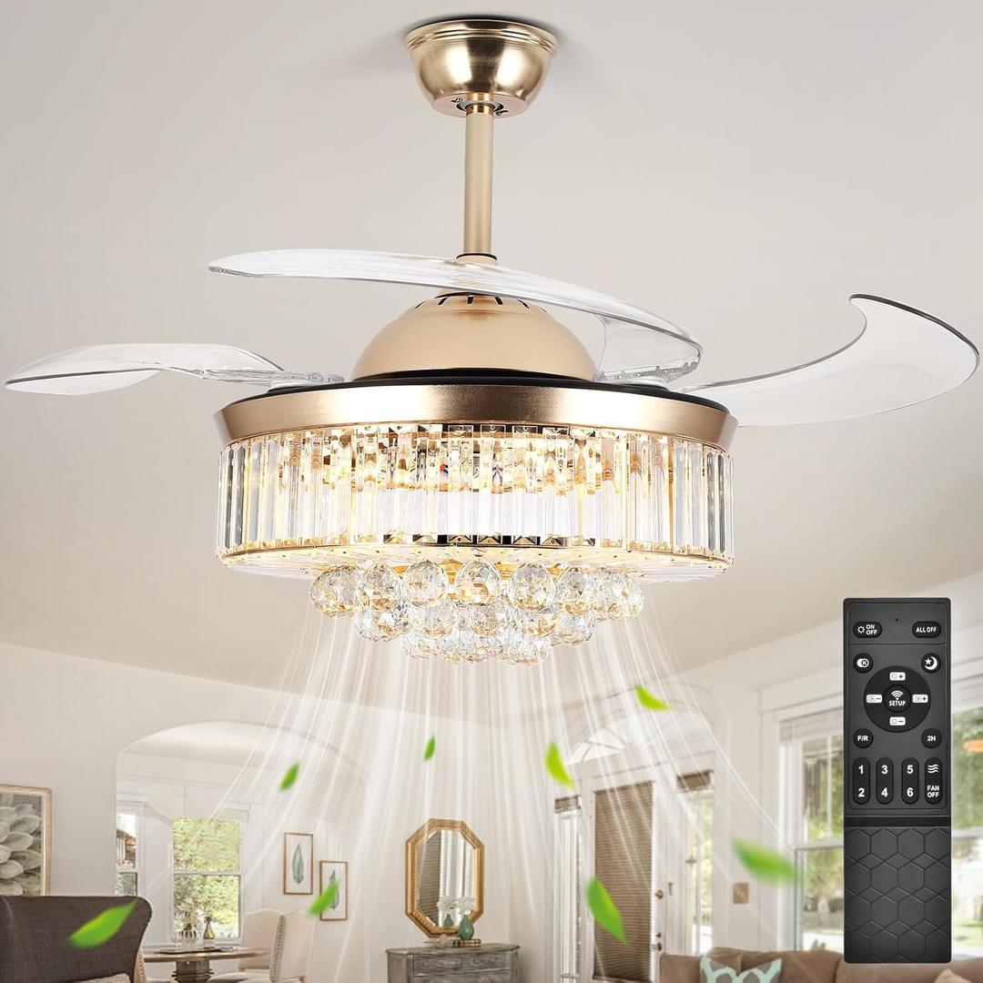 36'' Fandelier Ceiling Fans with Light, Gold Retractable Crystal Chandelier Fan, Reversible, Remote Control, Dimmable Ceiling Light Kits for Dining Living Room, Bedroom