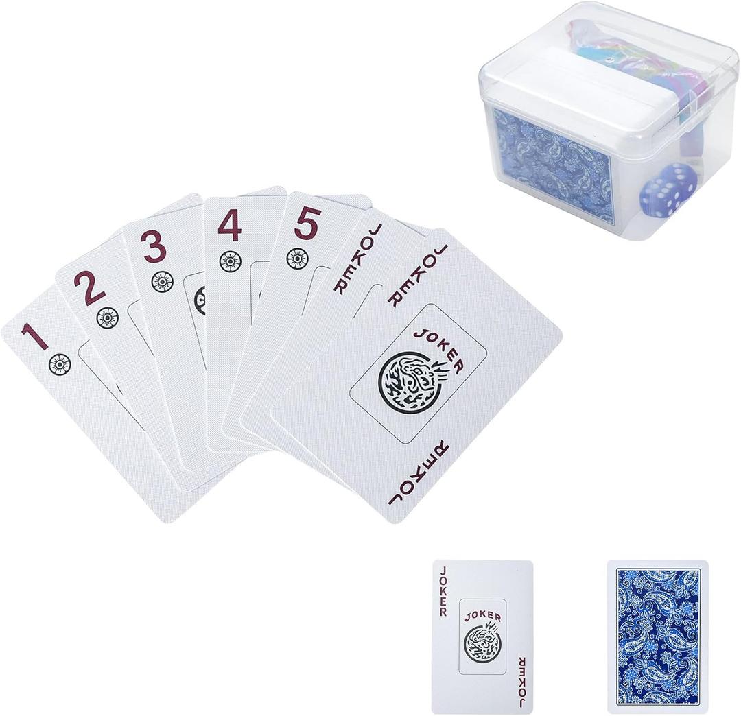 178-Piece Mahjong Playing Cards (Blue)  American & Chinese Style, Includes Storage Box, Dice, Chips & Wind Indicator  Portable, Waterproof, Travel-Friendly