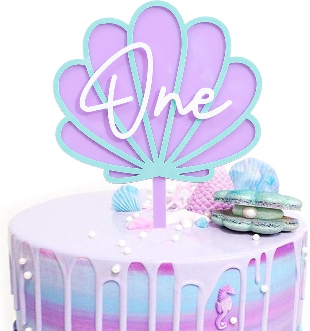 Seashell One Cake Topper - Ocean Mermaid 1st Birthday Decorations,Under the Sea Mermaid Party Photo Props,Purple Scallop Acrylic Cake Topper,First Summer Shell Birthday Beach Party Supplies