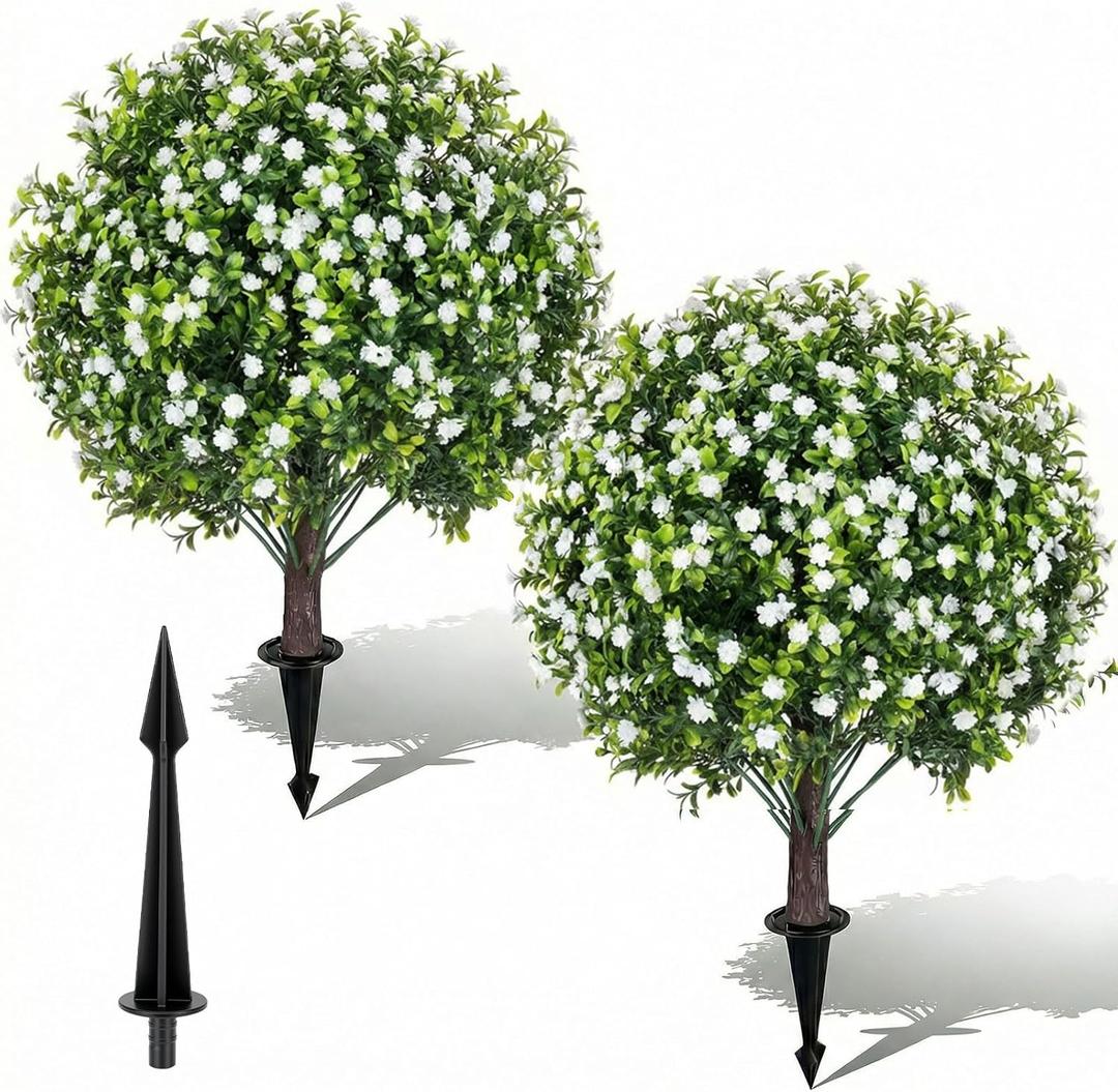 Artificial Boxwood Topiary Ball Trees with Baby Breath Flowers with Spikes for Outdoor 24" Set of 2 , UV Resistant Faux Greenery Shrubs, Realistic Fake Bushes Plant for Garden Yard Front Porch Decor
