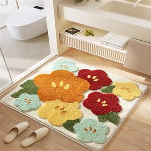Square Bathroom Rug Microfiber Fleece Soft Absorbent Light Green Bath Mat Fresh Cute Floral Square Rugs Shower Mat (Bloom, 24x24'')