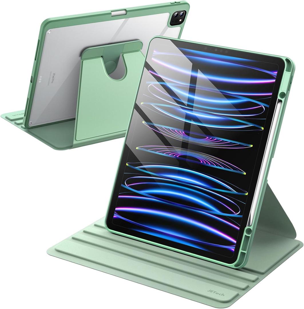 JETech Rotating Case for iPad Pro 12.9-Inch (2022/2021/2020/2018) with Pencil Holder, 360 Degree Rotation Protective Stand Cover Clear Back, Auto Wake/Sleep (Matcha Green)