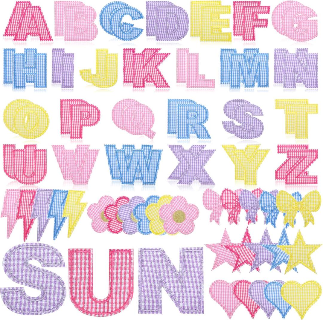 NICEVINYL Self-Adhesive Letter Patches for Bags: 78PCS Multicolor Varsity Letters Fabric Sticker for Hats - Cute Flower Star Heart Lightning Bows Stick on Patches for DIY Backpacks Shirts Gifts
