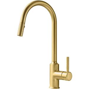 TURS Brushed Gold Kitchen Faucet Brass Kitchen Faucets with Pull Down Sprayer Single Handle One Hole High Arc Copper Kitchen Tap,FK002LG