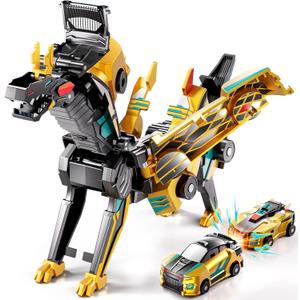 Collision Transforming Dinosaur Car Toy, 2 in 1 Magnetic Cars Collision Transform into Dinosaur Toys for Boys Girls Age 3 4 5 6 7 8 9 10, Christmas Birthday Gift for Kids 3-12 (Golden)