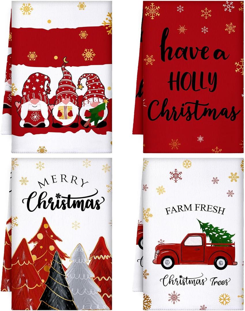Sratte 4 Pcs Red Christmas Kitchen Towels 16 x 24 Inch Merry Christmas Hand Towels Tree Gnome Truck Dish Cloths Absorbent Xmas Tea Dishcloths for Home Bathroom Xmas Kitchen Decor