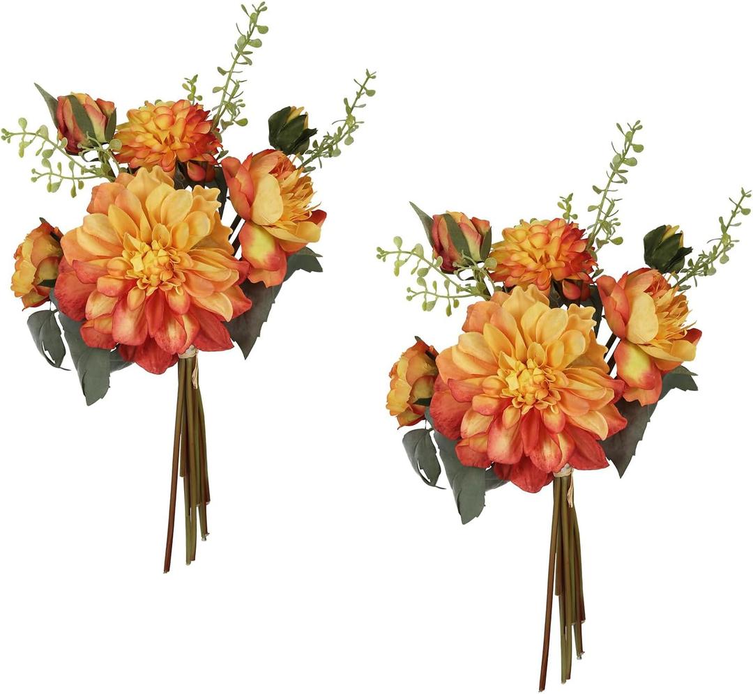 Orange Dahlia Peonies Artificial Flowers 2 Bouquets Dahlia Combo Peony Silk Flowers 18stems Faux Flowers for Vase Home Tables Wedding Bouquets Centerpieces Bridal Shower Decor (Orange)