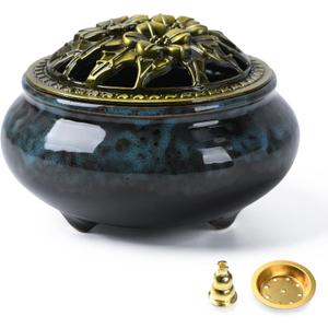 Ceramic Incense Burner with Incense Holder+Spacer Layer+Fireproof Cotton,Handmade Smudging Burn Bowl for Stick or Coil Incense,Sage Cones and Frankincense (Dark Blue)