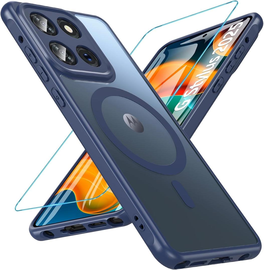 BESINPO Magnetic for Motorola Moto G Stylus 5g 2025 Case with Tempered Screen Protector, (Compatible with MagSafe) Shockproof Military Drop Translucent Matte Cover for Moto G Stylus 5g 2025,Blue