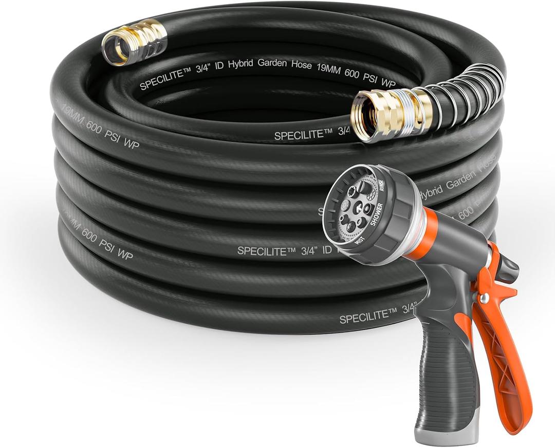 SPECILITE Garden Water Hose 75 ft x 3/4 in Heavy Duty, Flexible and Lightweight, Burst 600 psi, Kink-less Hybrid Rubber Pipe for Backyard, 3/4'' Brass Fittings, Black