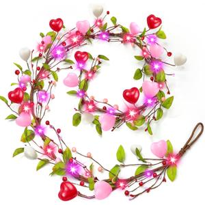 Timer - Lighted Valentines Garland Valentines Day Decorations, 6 Ft Valentines Day Garland with 20 Red Pink Lights Hearts Berries Leaves Artificial Garlands Mantle Table Home Wedding Valentine Decor