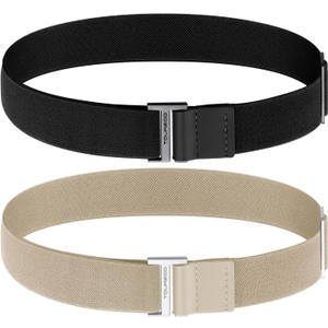 No Show Stretch Belt for Women Invisible Adjustable Strap Belt with Flat Buckle for Jeans Pants Dresses (Suit for US Size 16+, 2pcs/Black+beige)