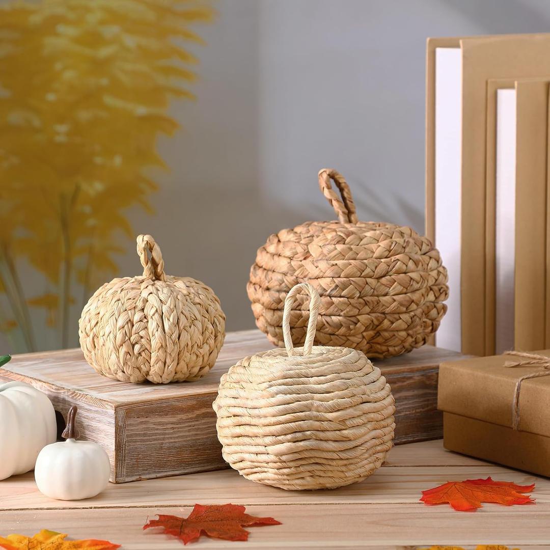 3 Pcs Rattan Pumpkin Fall Decoration Handmade Fall Thanksgiving Pumpkin Table Decors Artificial Woven Cattail Farmhouse Autumn Table Centerpieces for Harvest Halloween Home Porch Decor
