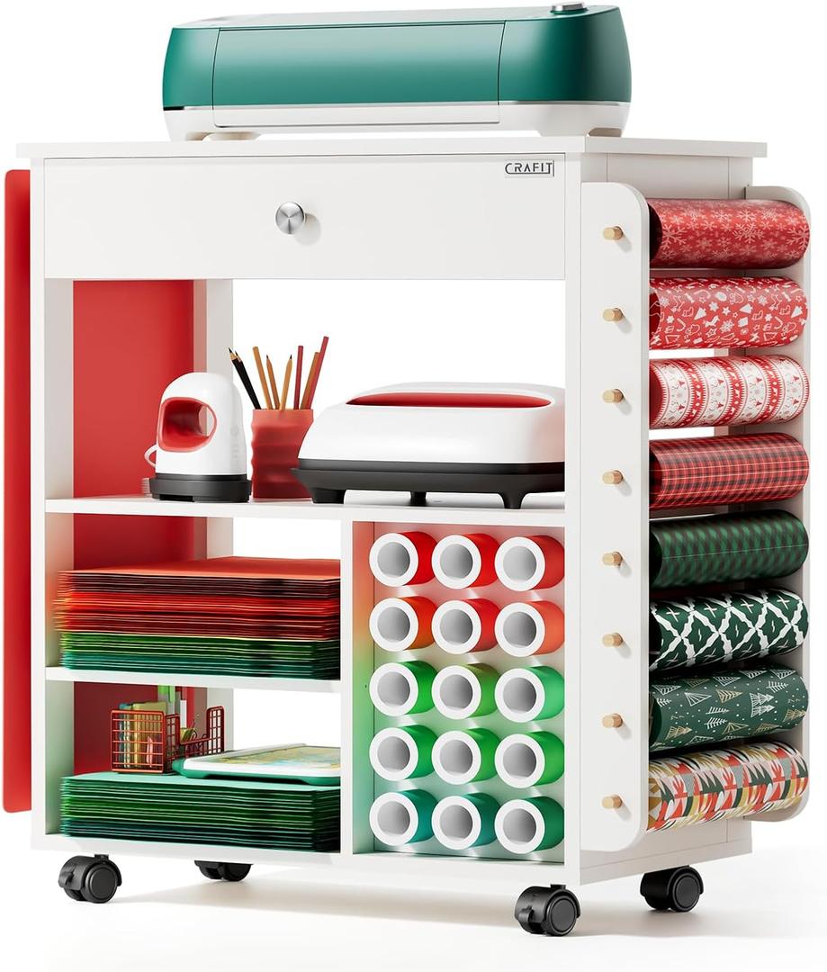 Craft Cart Organizer Table Compatible with Cricut Rolling Organization and Storage with Vinyl Roll Holder, Crafting Cabinet Workstation Tool Accessories Holder for Craft Room (Patented)