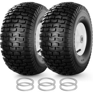 RONPOW 15x6.00-6nhs Lawn Mower Tires and Wheels, Riding Lawn Mower and Garden Tractor Front Pneumatic Tire Replacement Assembly, Easy to Install, 500Lbs Load, 3" Offset Hub, 3/4" Bearing, 2Pack White